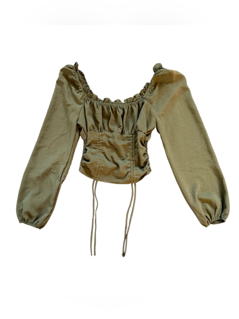 Olive Drawstring Ruched Square-Neck Crop Top - Picture 3 of 7